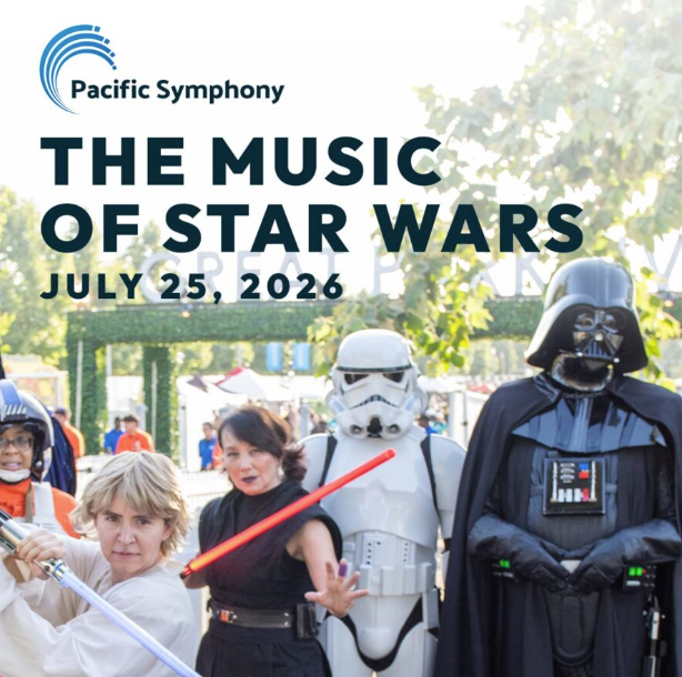 event flyer for Pacific Symphony The Music of Star Wars event on July 25 with people dressed up as Star Trooper, Dark Vader and other characters from Star Wars