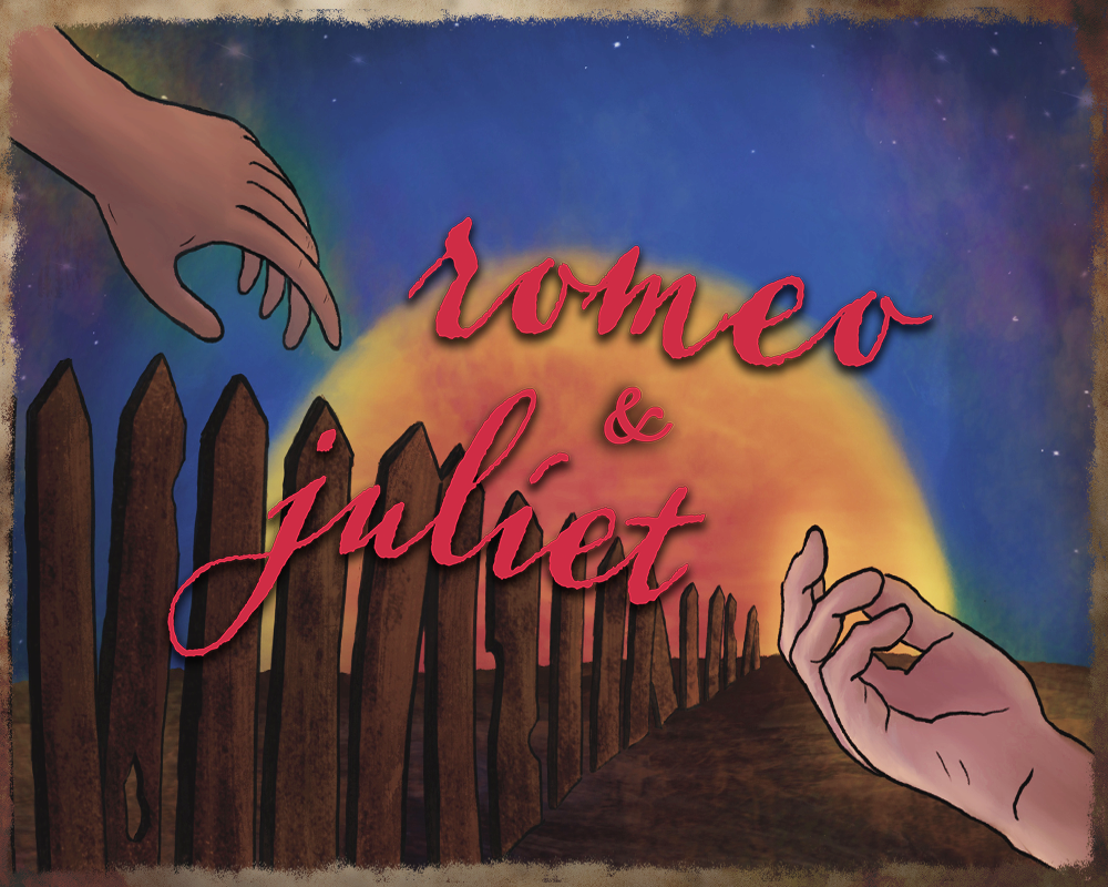 digital artwork for Romeo and Juliet play for New Swan Theater showing a sunset, fence and two hands