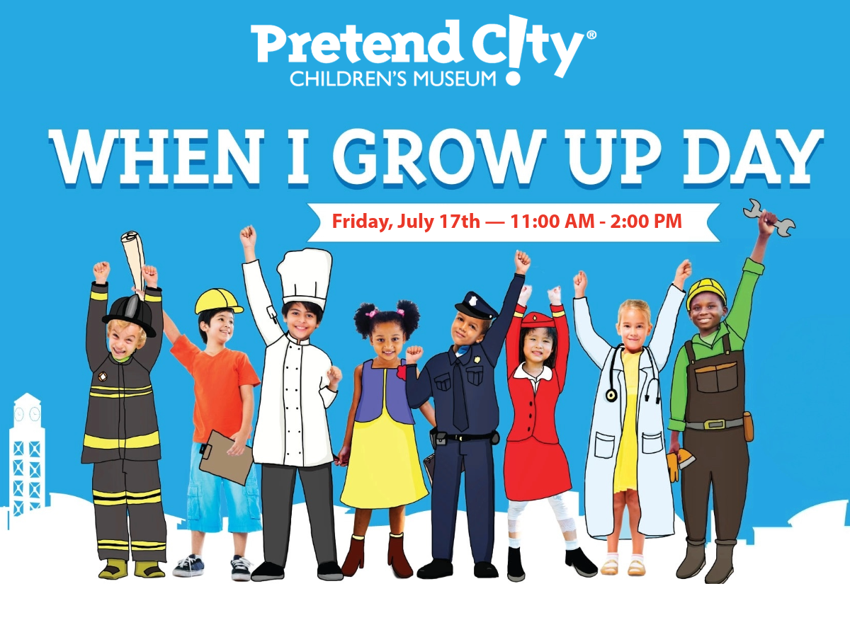 digital artwork for When I Grow Up event at Pretend City with artwork of children dressed up in different professions