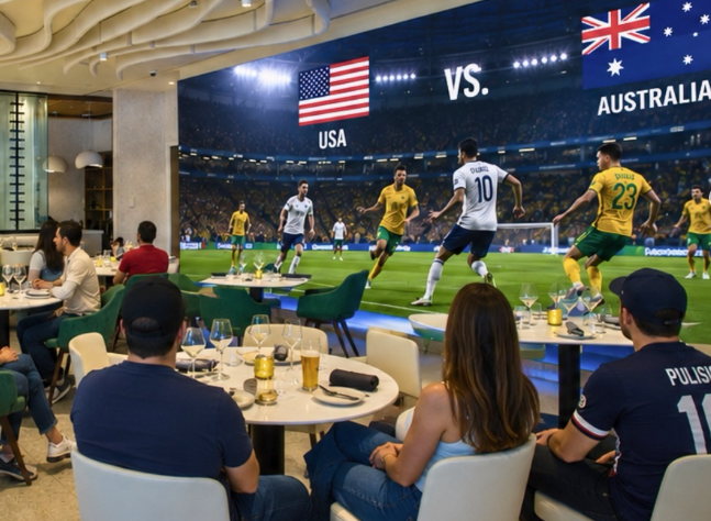restaurant with round white tables and white chairs with people sitting and watching on a big screen soccer players with the usa and australia flags on the screen