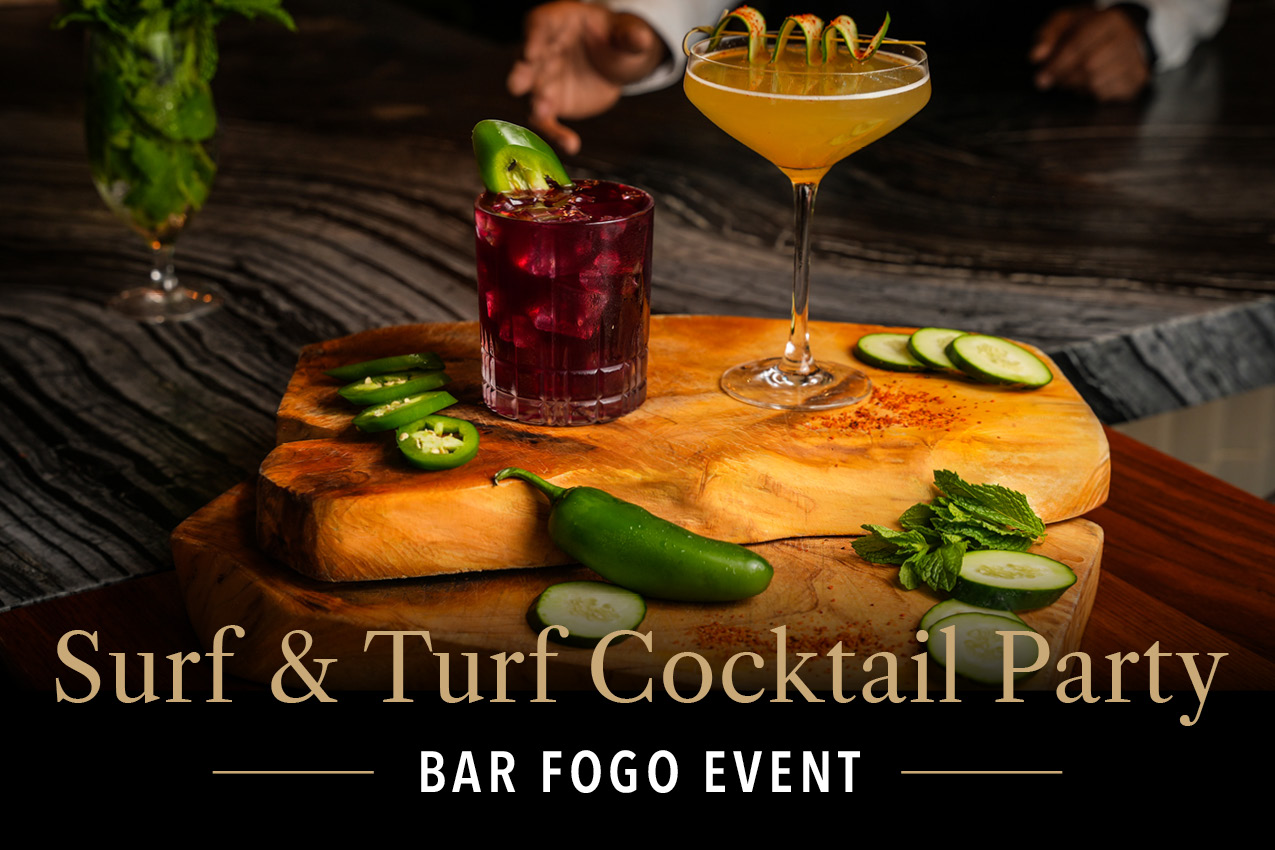 digital artwork for Surf and Turf Cocktail party at Fogo De Chao with photo of seafood and cocktails