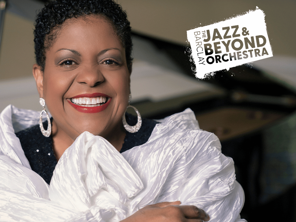 woman with large hoop earrings and red lips smiling, with text Jazz Beyond Orchestra