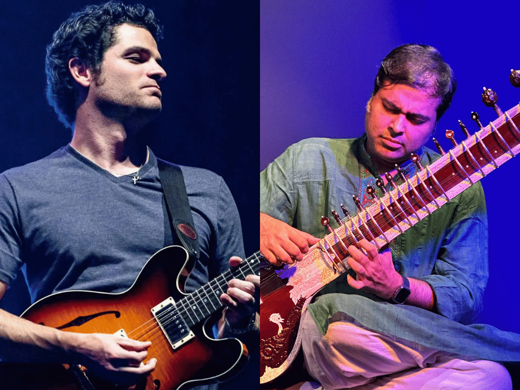 side by side photo of two male musicians playing with a guitar