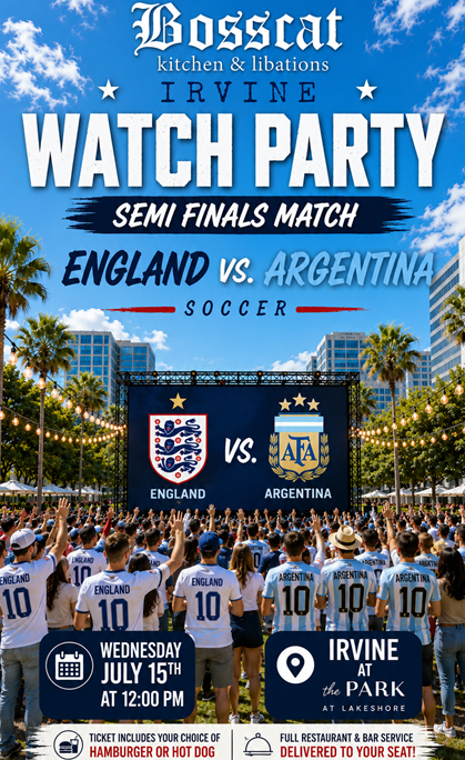 digital artwork showing schedule for soccer game between England and Argentina at Bosscat Kitchen and Libations