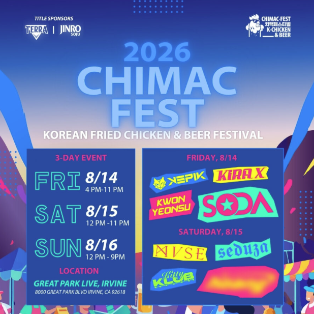 digital artwork showing the schedule for 2026 Chimac Fest at Great Park Live