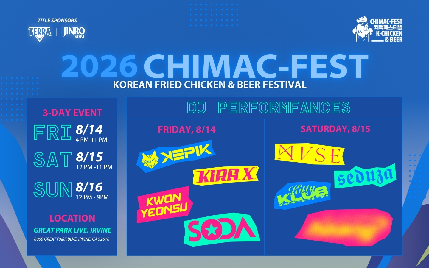 digital artwork for 2026 Chimac Fest at Great Park Live showing the dates of the event this August