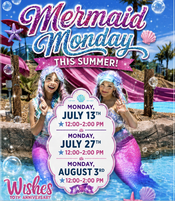 poster for Mermaid Monday summer events showing the dates for July and August with two mermaids in the photo