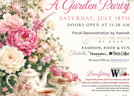 digital artwork for A Garden Party event with teapot, tea tray and pink flowers