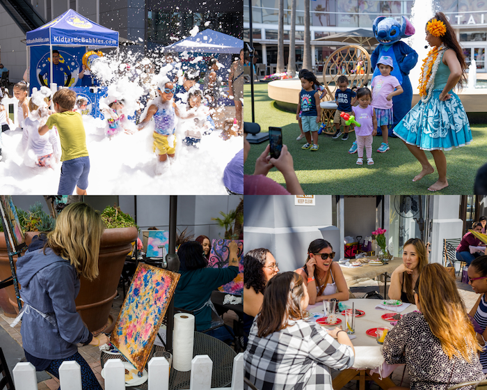 a four photo collage showing people painting and other creative activities
