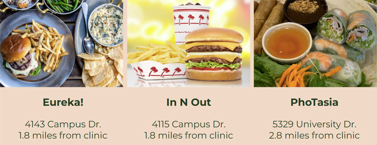 digital three column artwork showing food from Eureka!, In N Out, and PhotAsia with their addresses