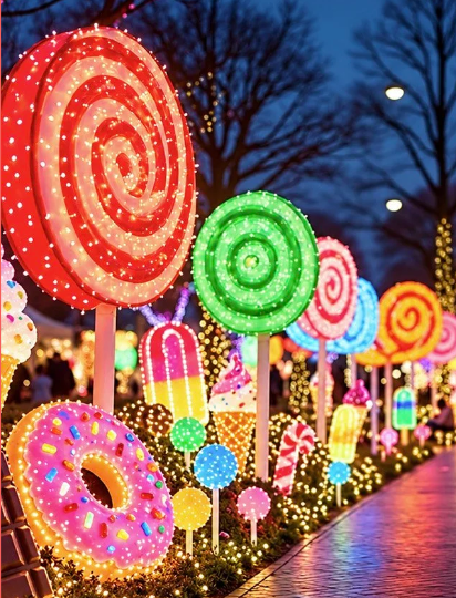 lighted Christmas candies and donuts